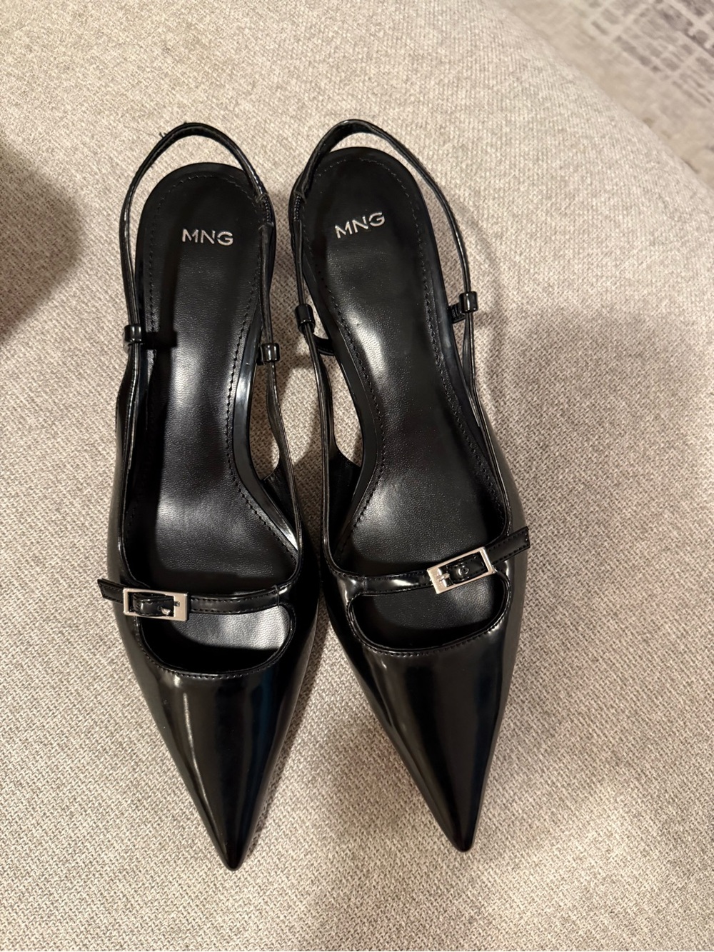 Mango Black Patent Pointed Slingback Kitten Heels with Buckle